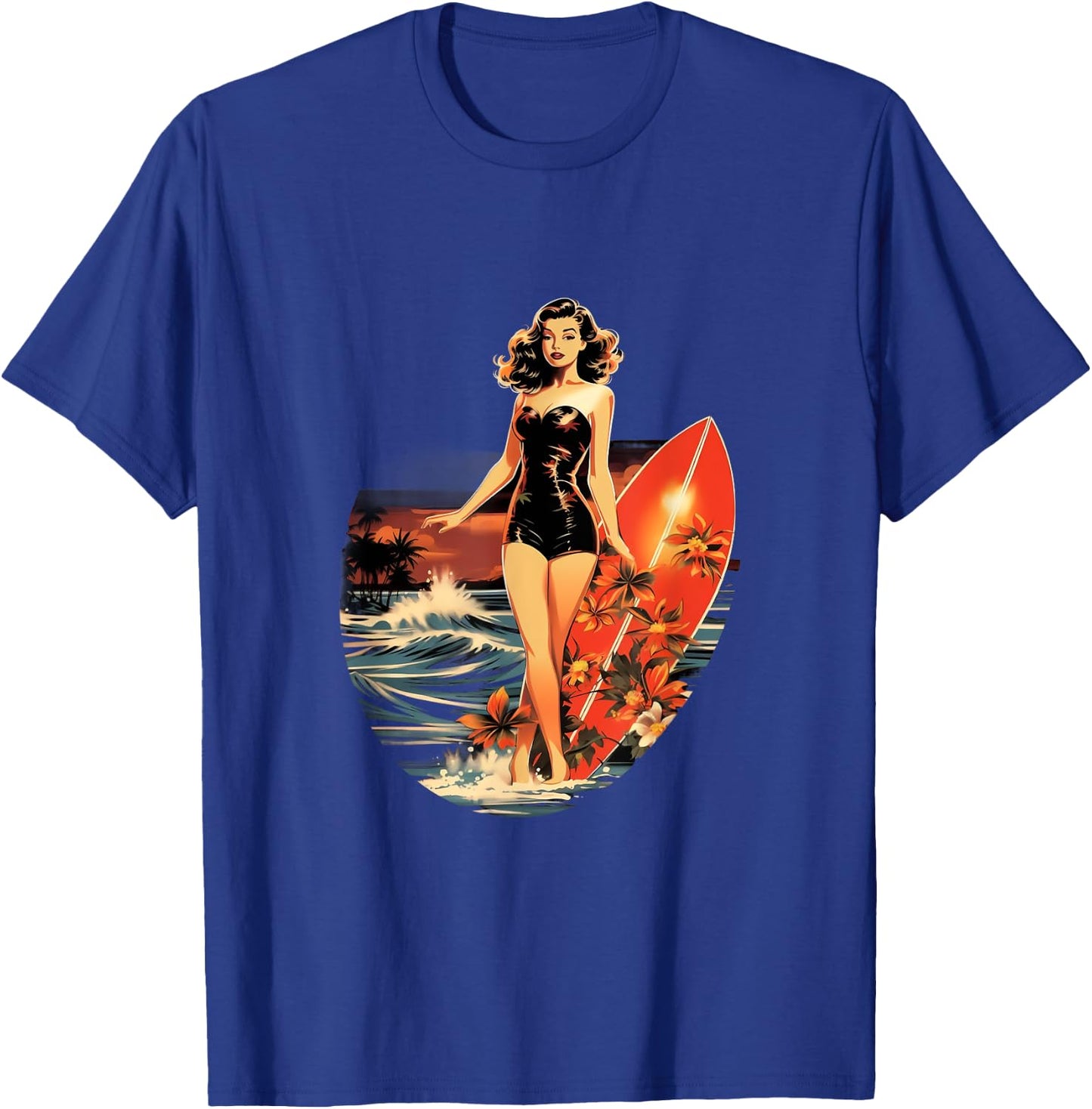 Pinup Girl Surfer Surfboarding Vintage T-Shirt - T-Shirt | Royal