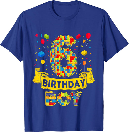 6 Year Old Bday Boy Brick Building 6th Birthday Boy T-Shirt - T-Shirt | Royal