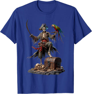 Skeleton Pirate Treasure Chest Parrot Ghostly Skull T-Shirt - T-Shirt | Royal