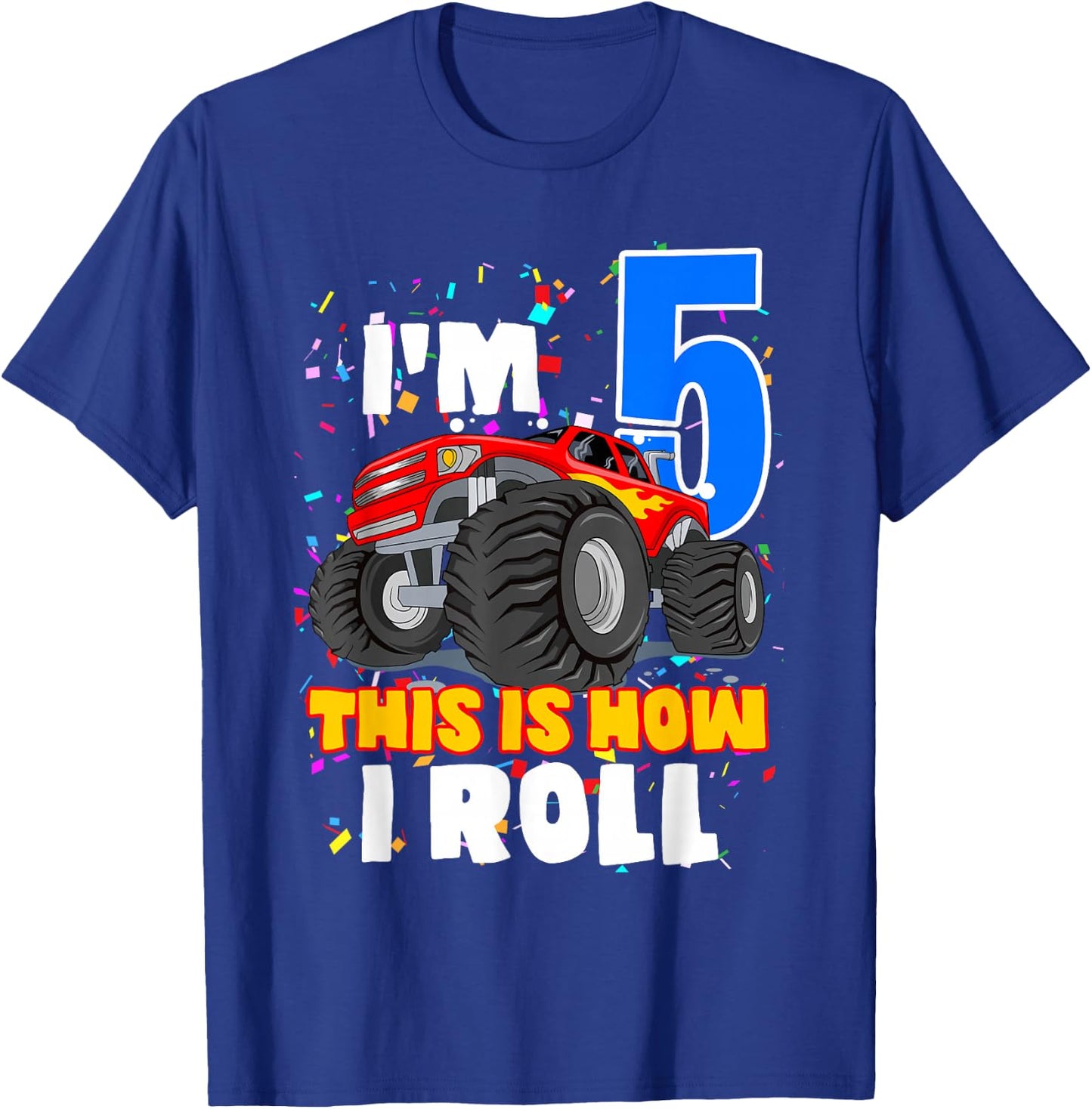 Boys 5 Years Old 5th Birthday Boy Monster Truck Offroad Party T-Shirt - T-Shirt | Royal