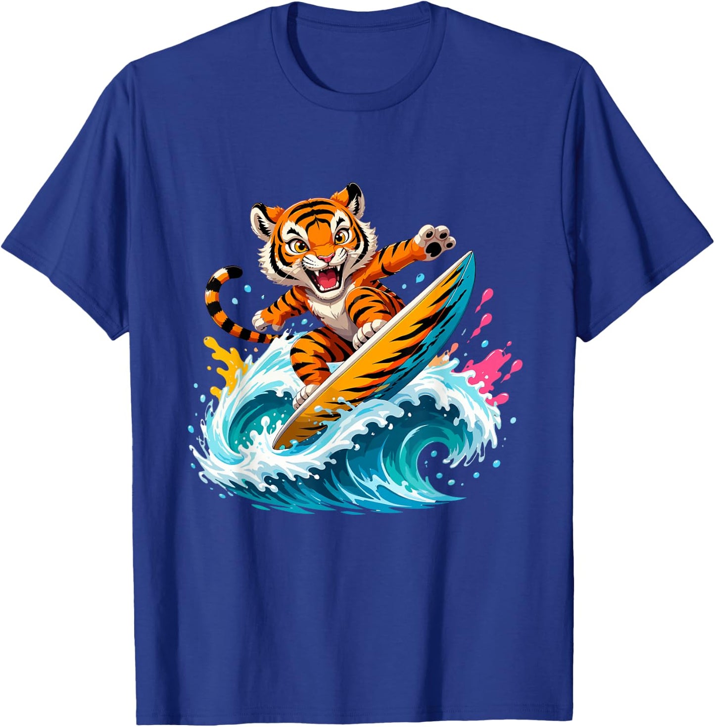 Cartoon Tiger Surfer Riding Big Ocean Wave T-Shirt - T-Shirt | Royal