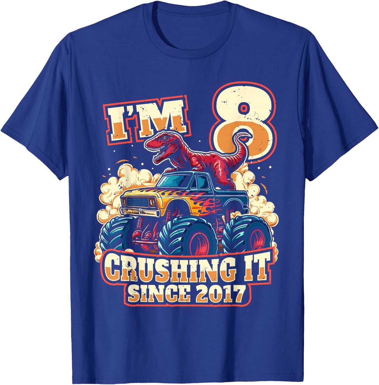 8 Year Old Boys 8th Birthday Dinosaur Monster Truck Party T-Shirt - T-Shirt | Royal