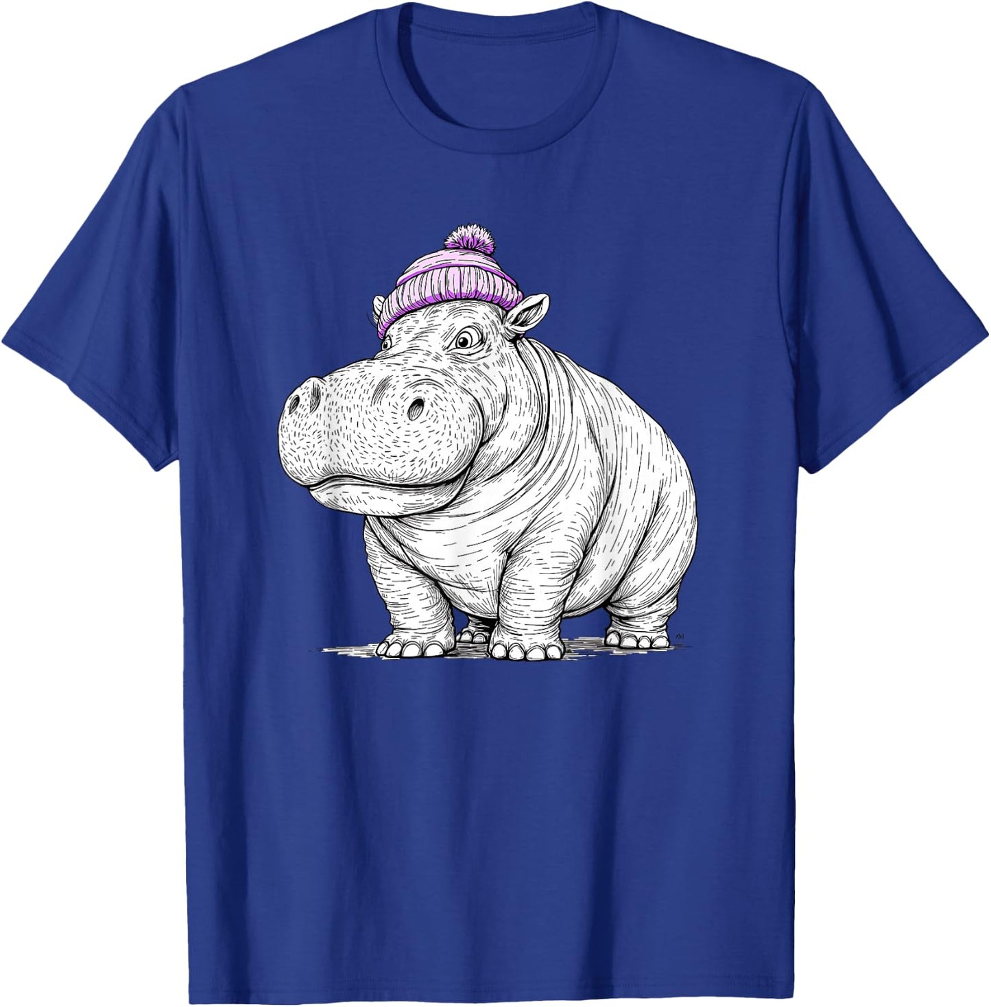 Hippo Wearing a Beanie Stocking Hat Cute Animal Design T-Shirt - T-Shirt | Royal