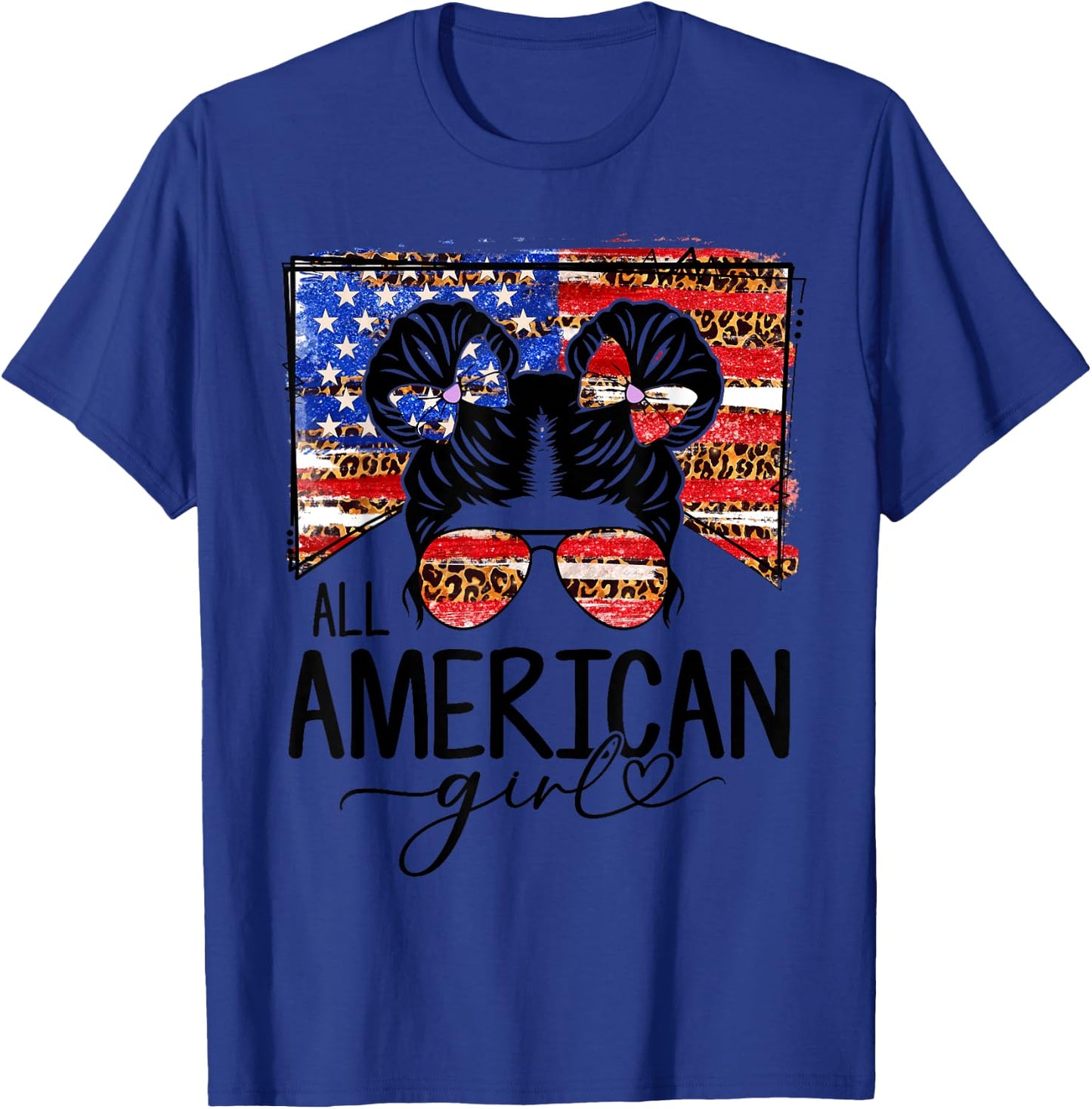 All American Girls 4th of July Messy Bun Leopard Patriotic T-Shirt - T-Shirt | Royal