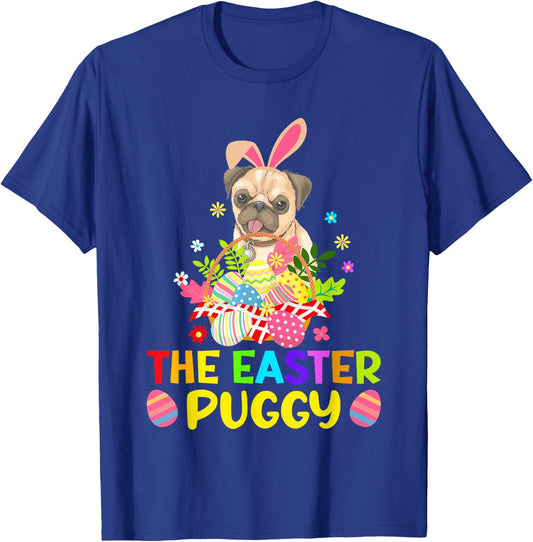 Funny Easter Pug Bunny Ear Eggs Basket Dogs Kids T-Shirt - T-Shirt | Royal