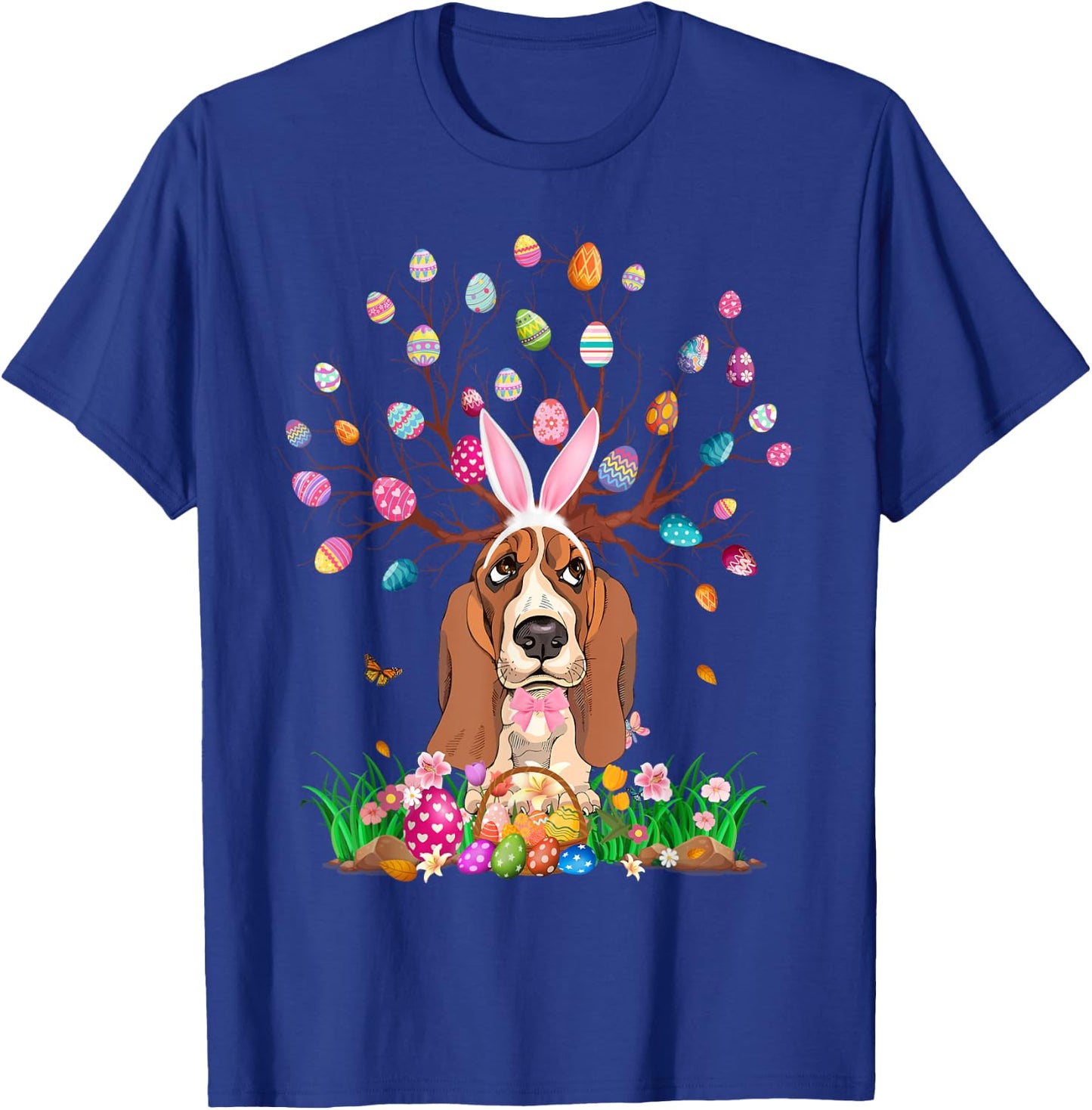 Basset Hound Dog With Bunny Ears Easter Egg Tree Easter Day T-Shirt - T-Shirt | Royal