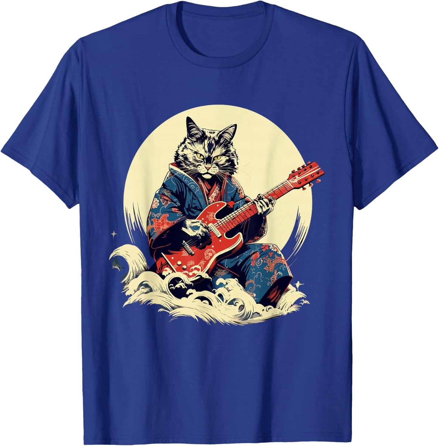 Japanese Samurai Cat Playing Electric Guitar , Black, S T-Shirt - T-Shirt | Royal