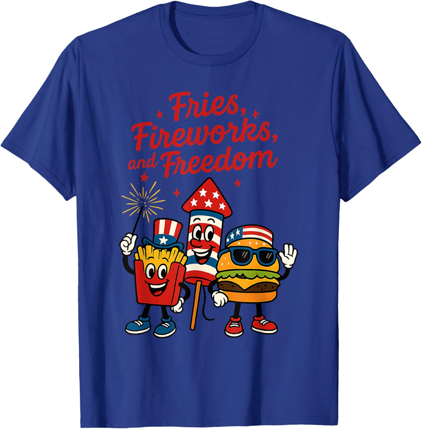 Patriotic Food Burger Fries Fireworks Freedom 4th of July T-Shirt - T-Shirt | Royal