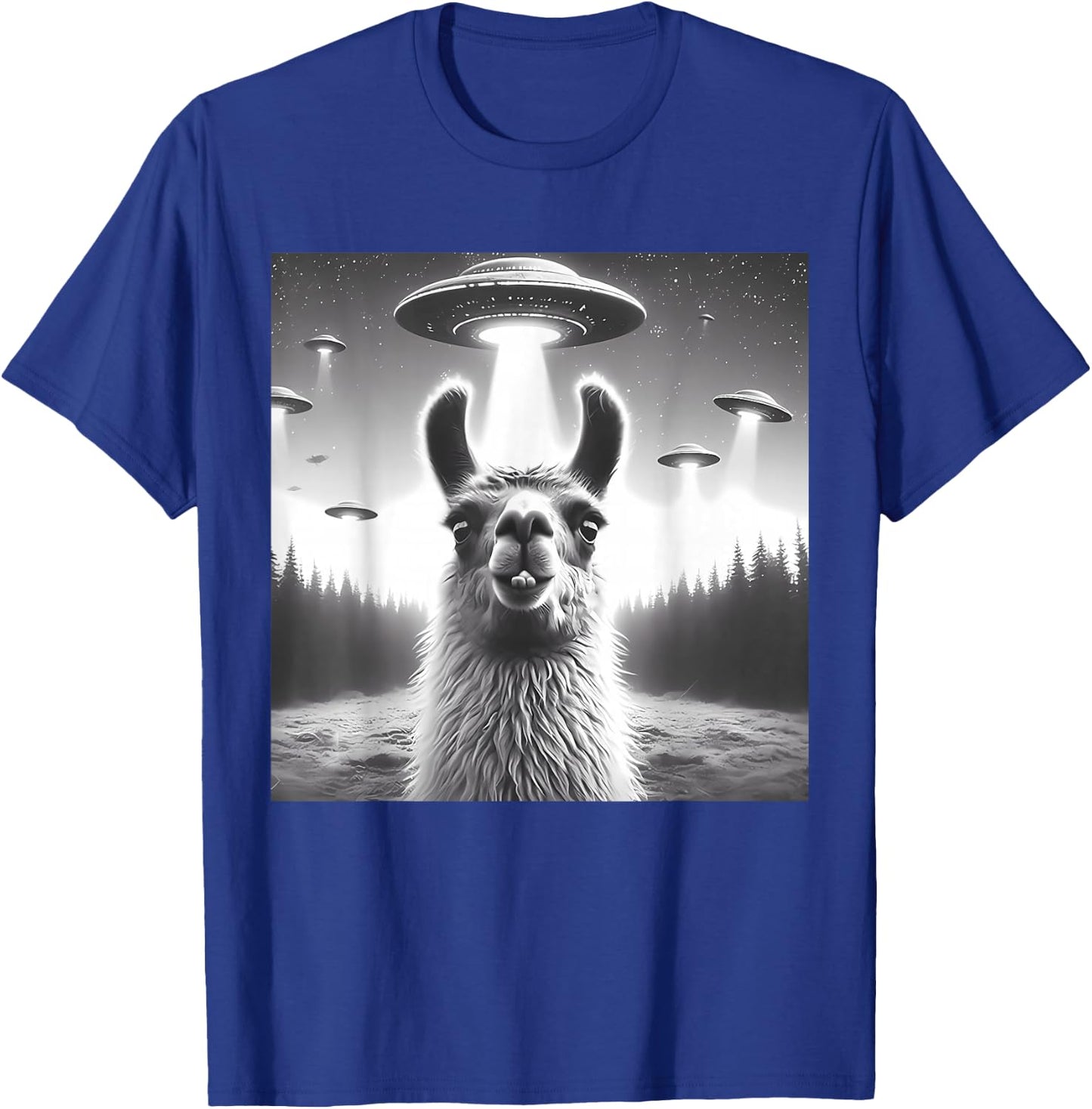 Funny Llama Selfie UFO Alien Alpaca Humor Vintage Print Art T-Shirt - T-Shirt | Royal