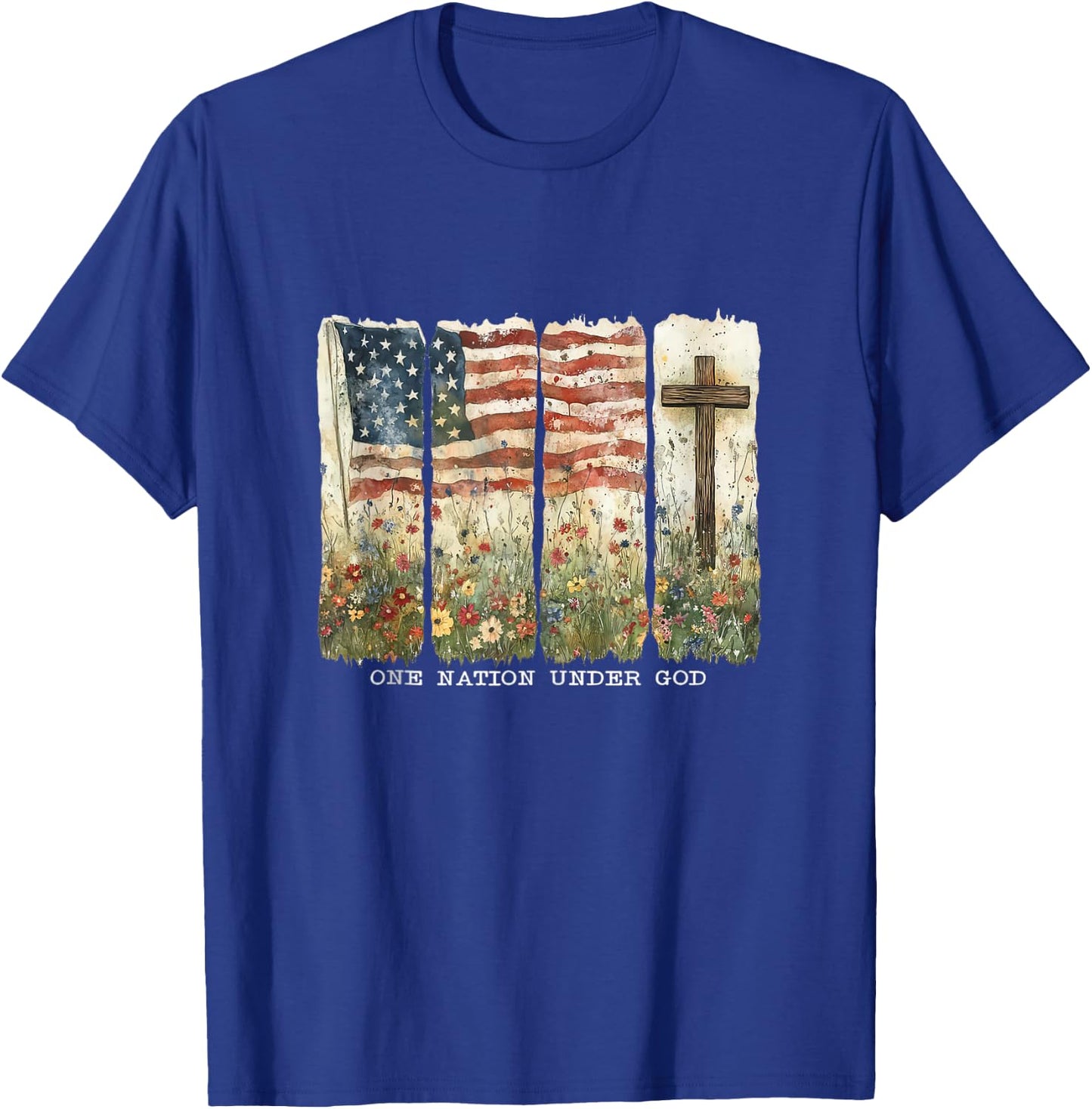 Women One Nation Under God Flag 4th Of July Floral Christian T-Shirt - T-Shirt | Royal
