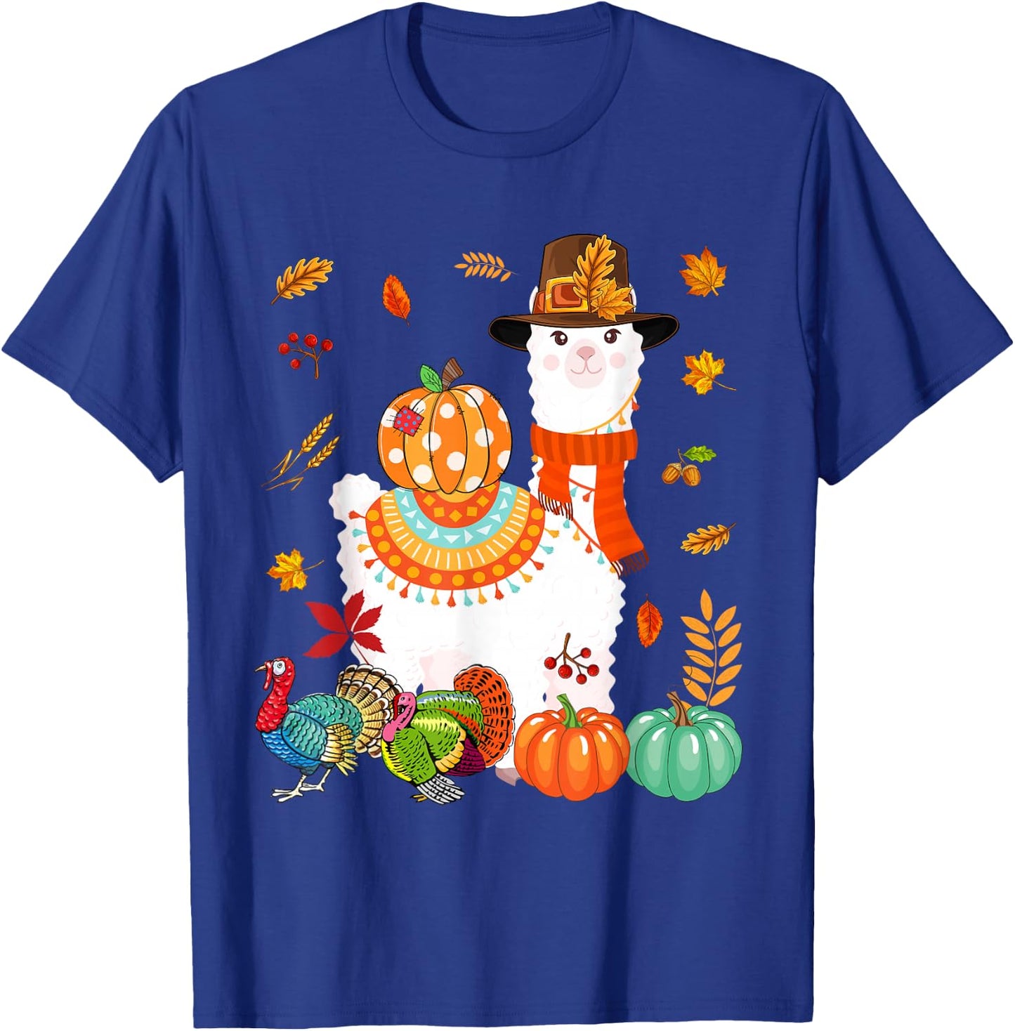 Thanksgiving Llama With Turkey Fall Pumpkins Lover Farmer T-Shirt - T-Shirt | Royal