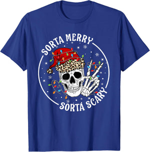 Funny Christmas Sorta Merry Sorta Scary Skeleton Peace Hand T-Shirt - T-Shirt | Royal