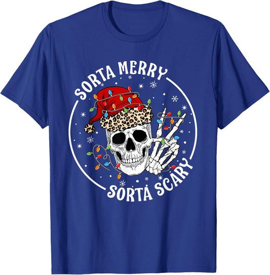 Funny Christmas Sorta Merry Sorta Scary Skeleton Peace Hand T-Shirt - T-Shirt | Royal