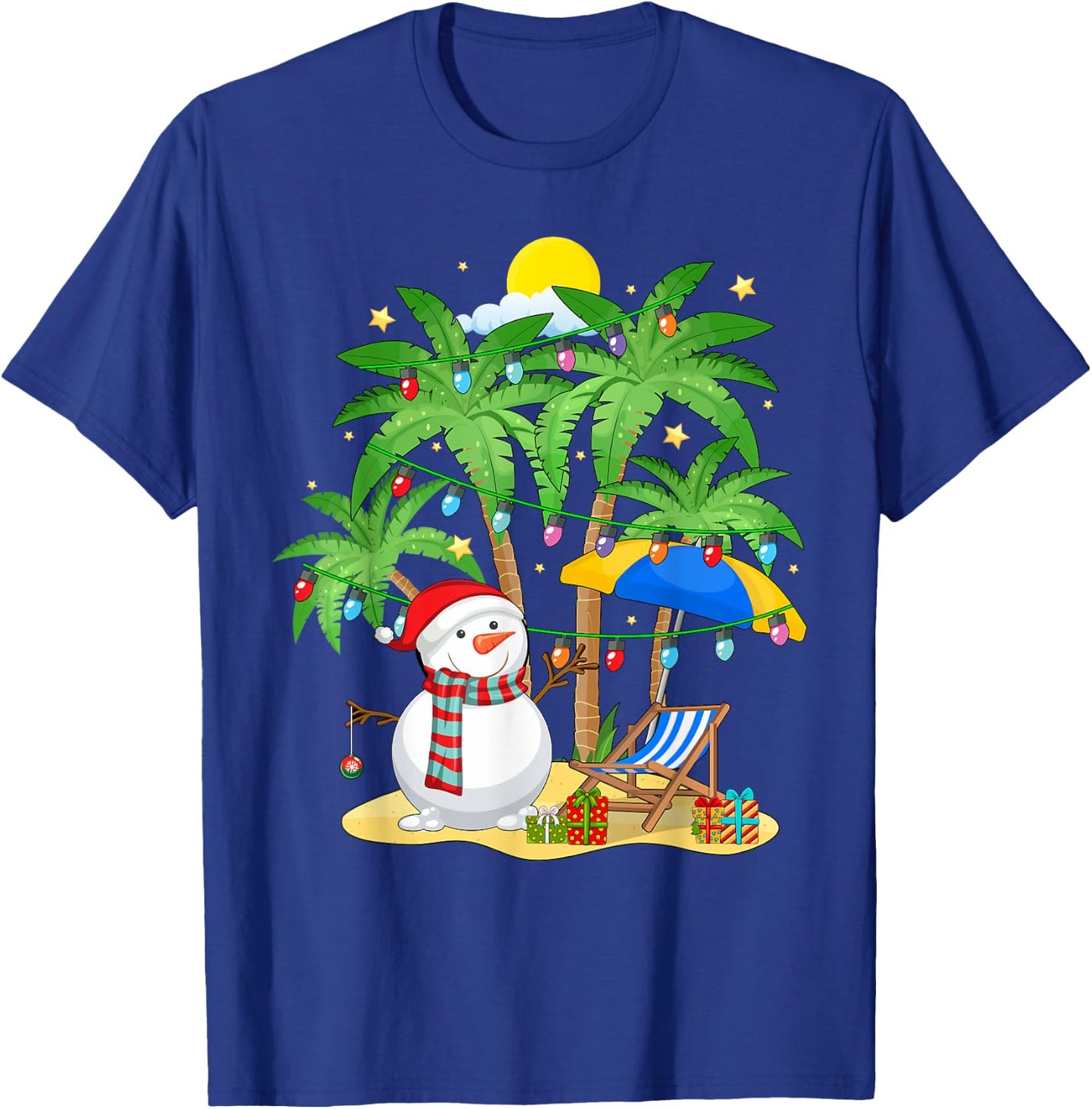 Christmas in July Snowman on Palm Tree Tropical Beach T-Shirt - T-Shirt | Royal