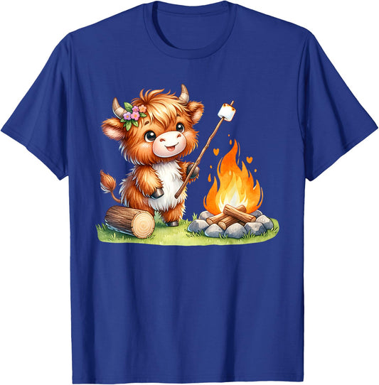 Cute Highland Cow Camping Roasting Marshmallows T-Shirt - T-Shirt | Royal