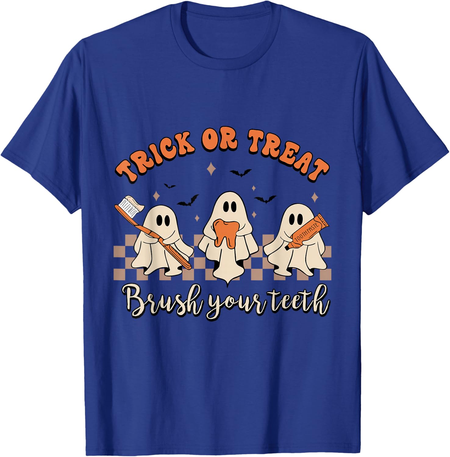 Trick Or Treat Brush Your Teeth Retro Halloween Cute Dentist T-Shirt - T-Shirt | Royal
