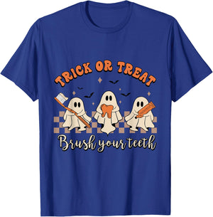 Trick Or Treat Brush Your Teeth Retro Halloween Cute Dentist T-Shirt - T-Shirt | Royal