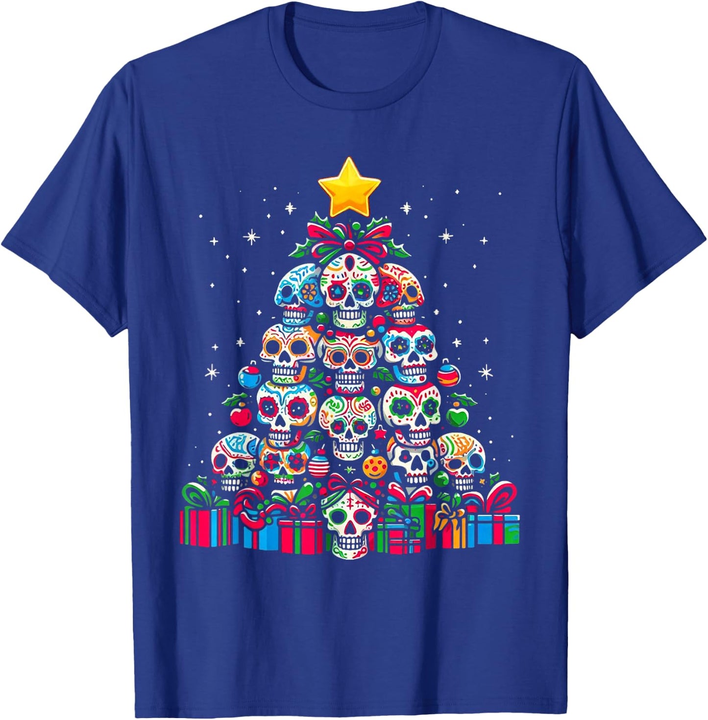 Skull Christmas Tree Funny Mexican Flower Sugar Skull Xmas T-Shirt - T-Shirt | Royal