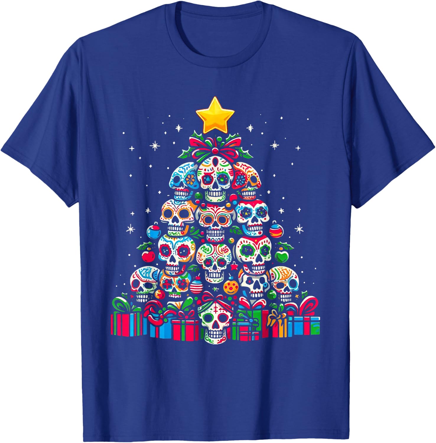 Skull Christmas Tree Funny Mexican Flower Sugar Skull Xmas T-Shirt - T-Shirt | Royal