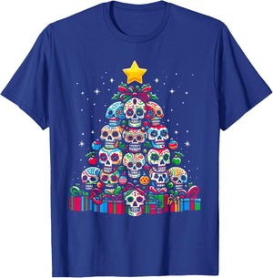 Skull Christmas Tree Funny Mexican Flower Sugar Skull Xmas T-Shirt - T-Shirt | Royal