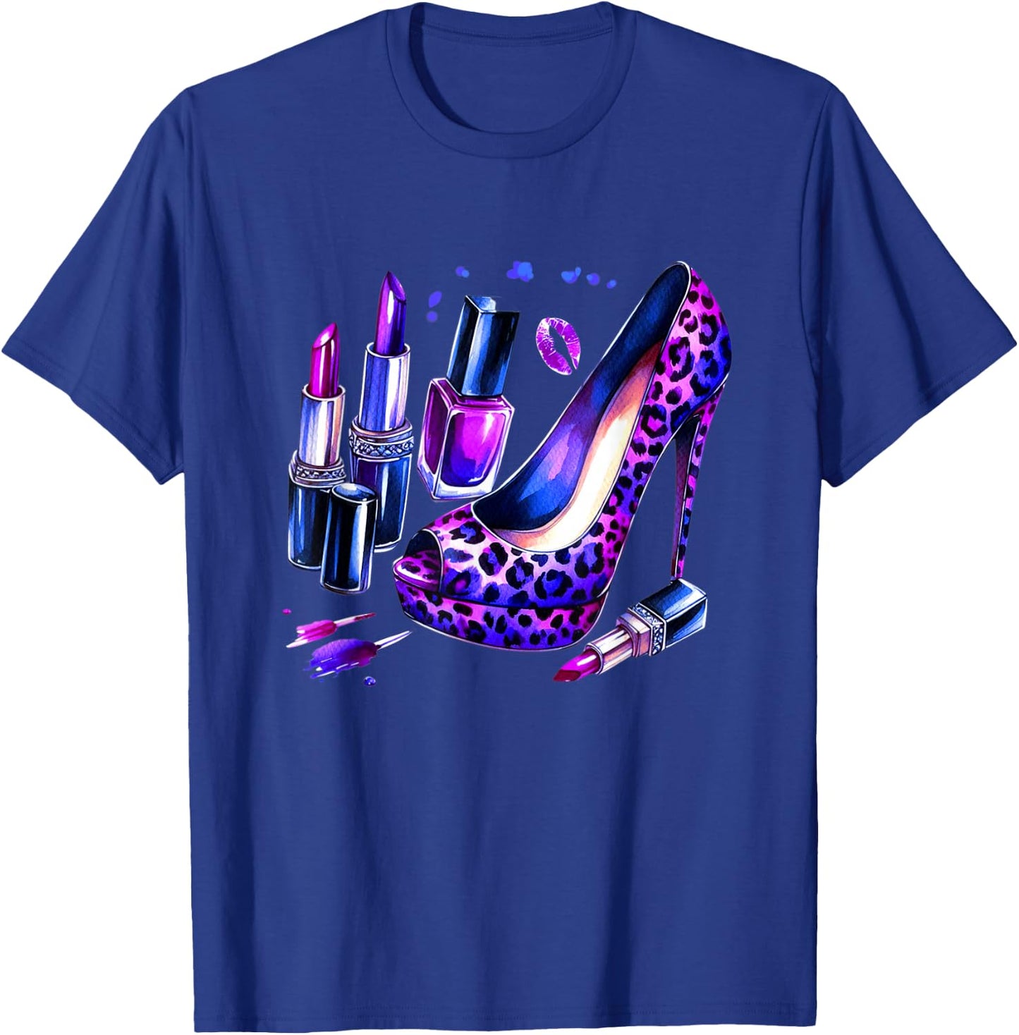 Purple Leopard Pattern High Heel Shoes Lipstick Nail Polish T-Shirt - T-Shirt | Royal