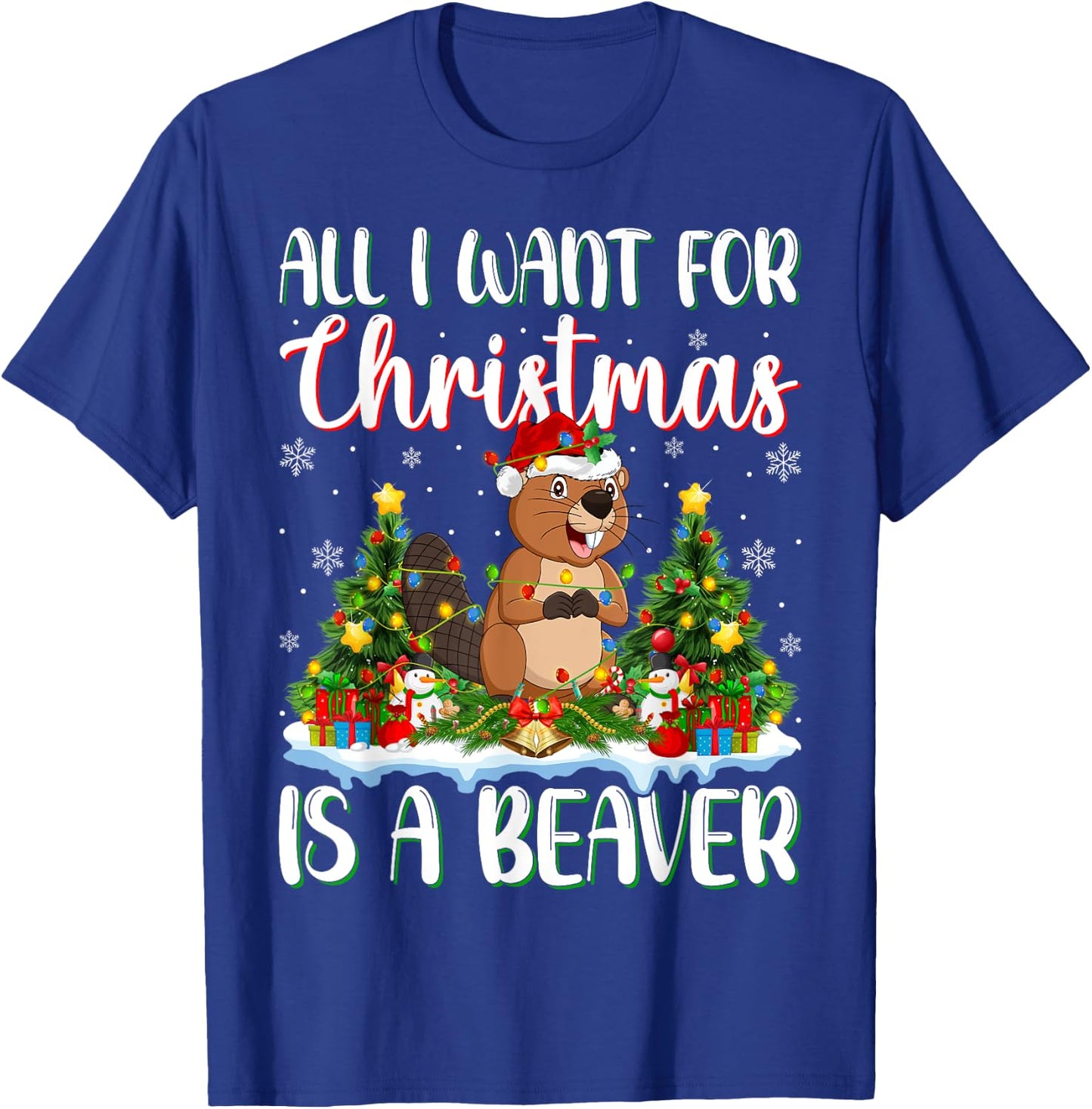 I Want For Christmas Is A Beaver Xmas Tree Lights T-Shirt - T-Shirt | Royal