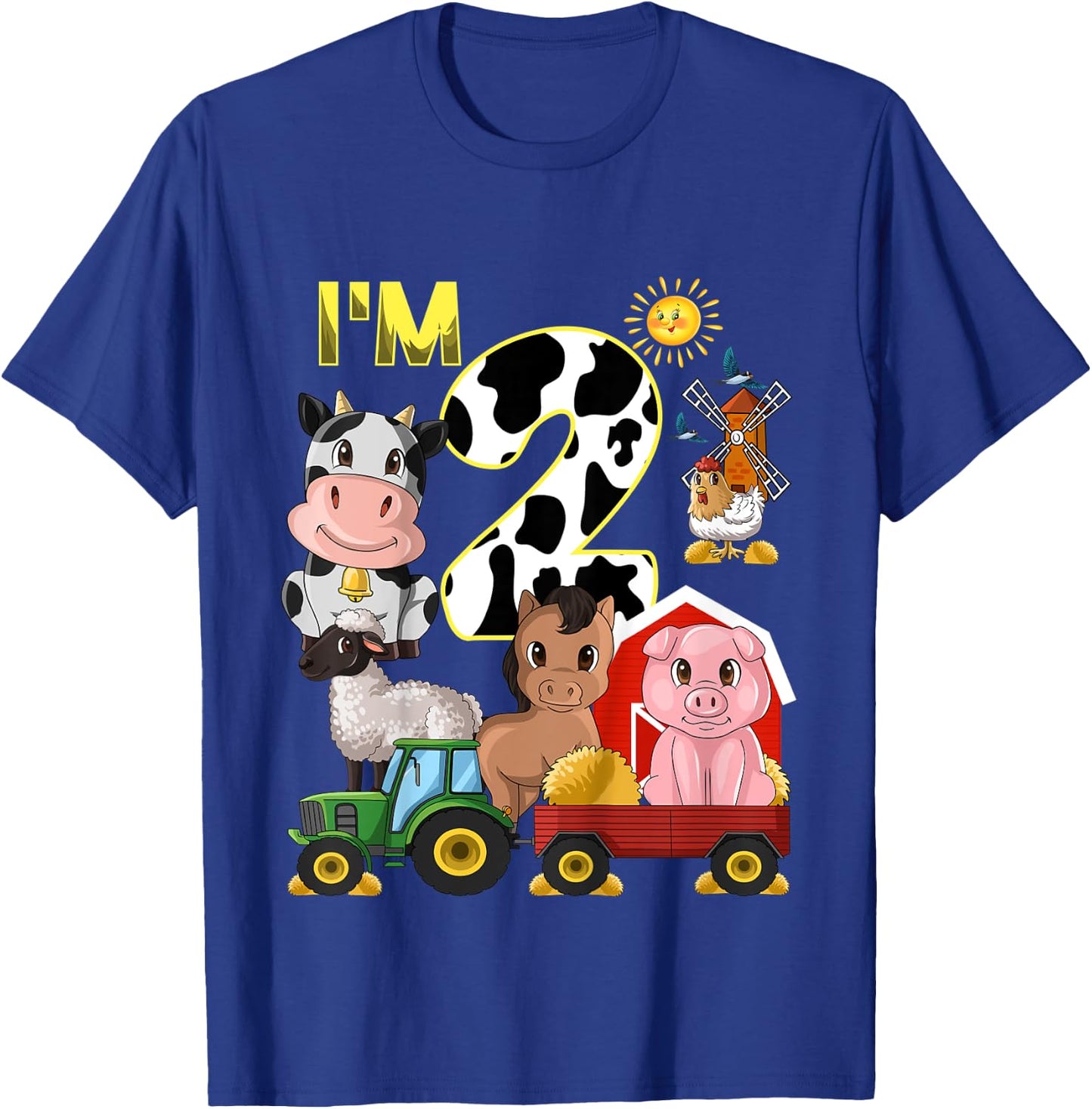 Kids Farm Animals Tractor 2nd Birthday 2 Year Old Birthday Party T-Shirt - T-Shirt | Royal