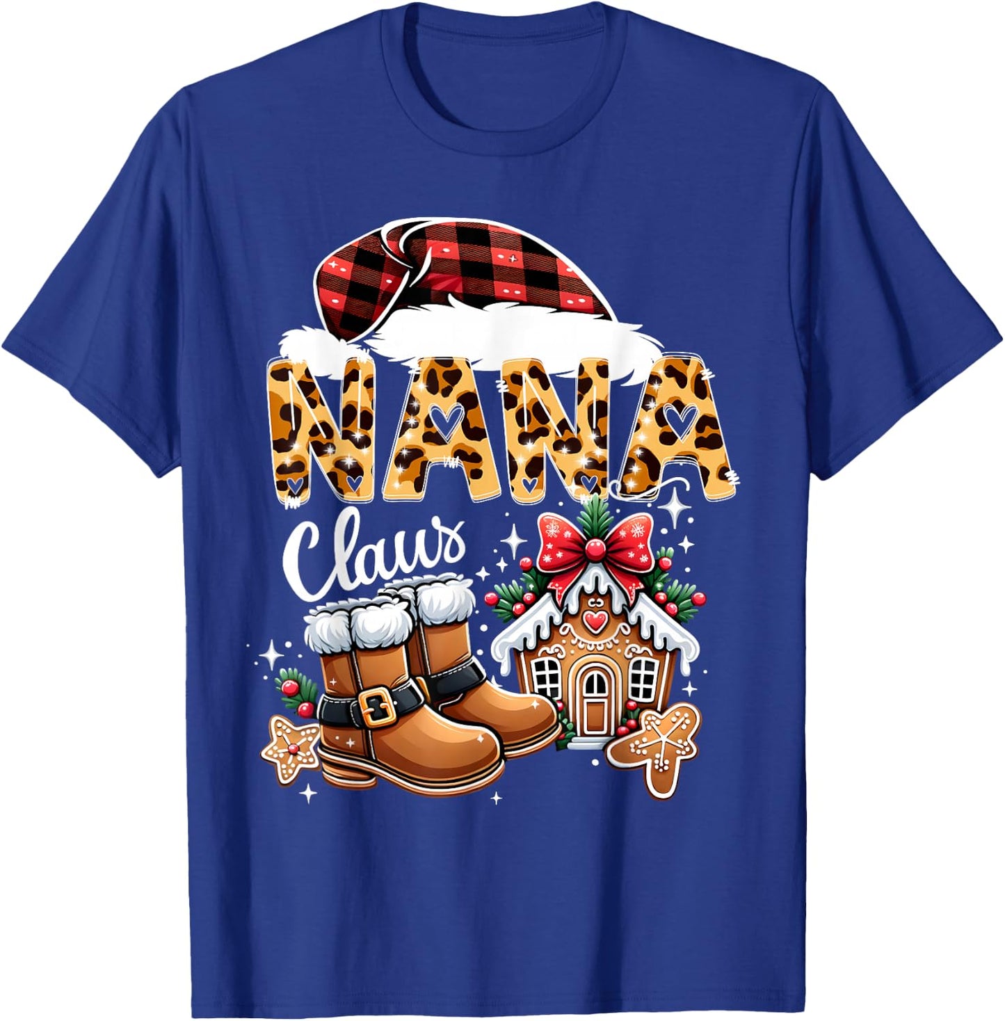 Christmas Nana Claus Grandma Leopard Buffalo Plaid Pjs Xmas T-Shirt - T-Shirt | Royal