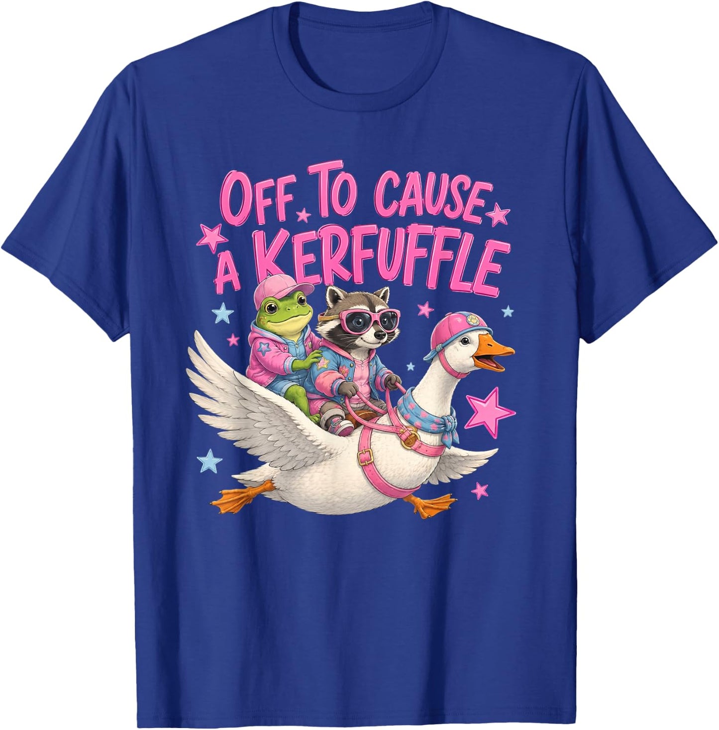 Off to Cause A Kerfuffle Frog Raccoon Riding Goose T-Shirt - T-Shirt | Royal