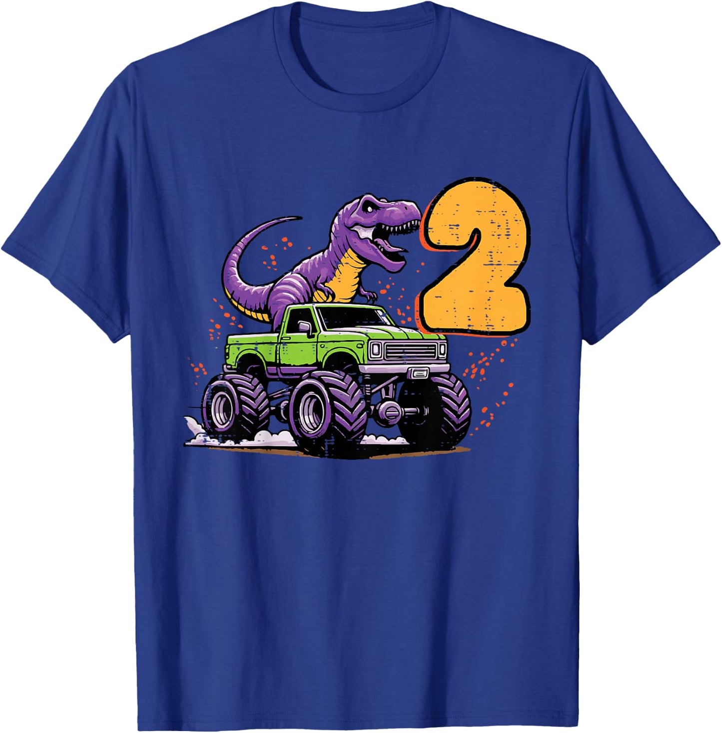 Kids 2nd Birthday Dino On Monster Truck 2 Year Old Trex Boys Kids T-Shirt - T-Shirt | Royal