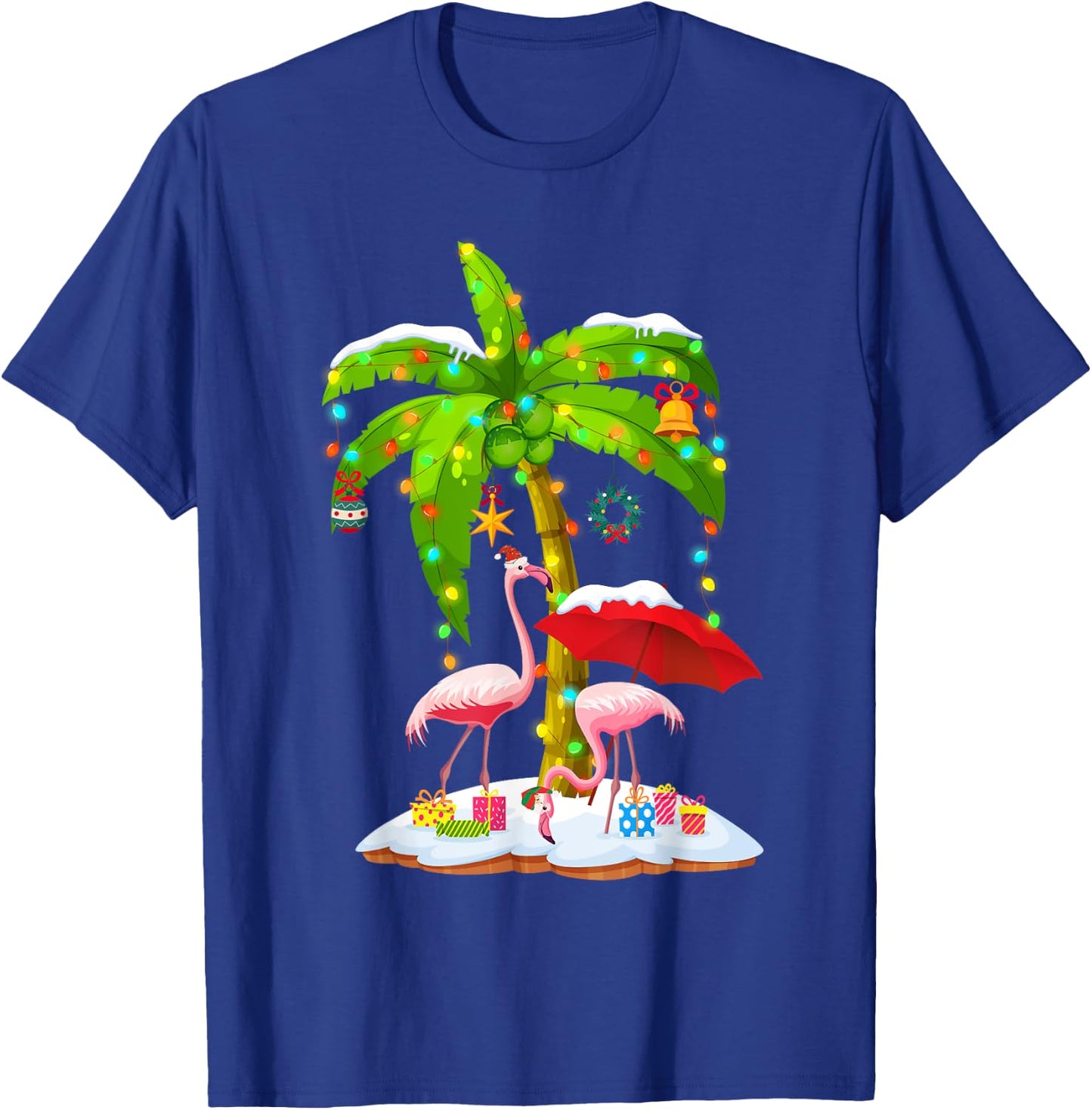 Flamingo Santa hat Palm tree Merry Christmas lights T-Shirt - T-Shirt | Royal