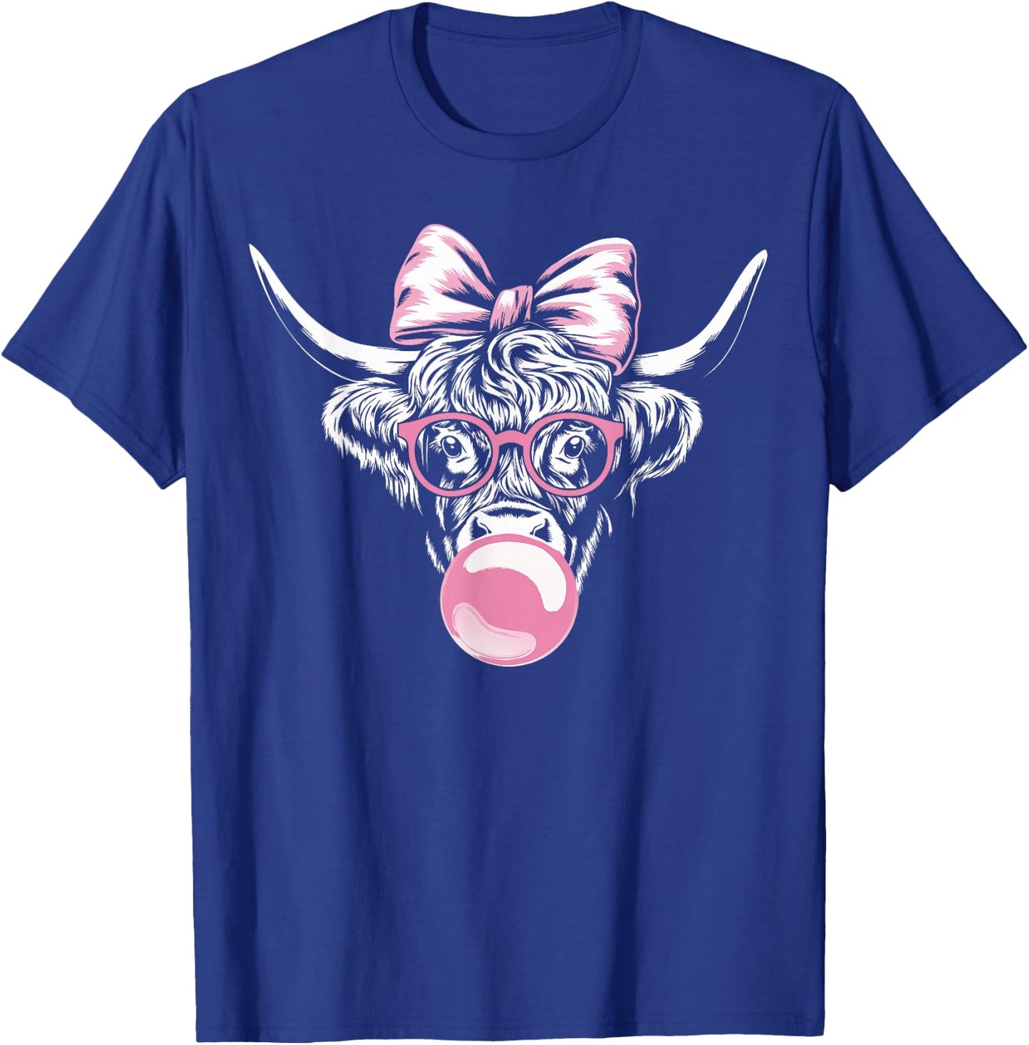 Highland Cow Wearing Glasses and Blowing Pink Bubble Gum T-Shirt - T-Shirt | Royal
