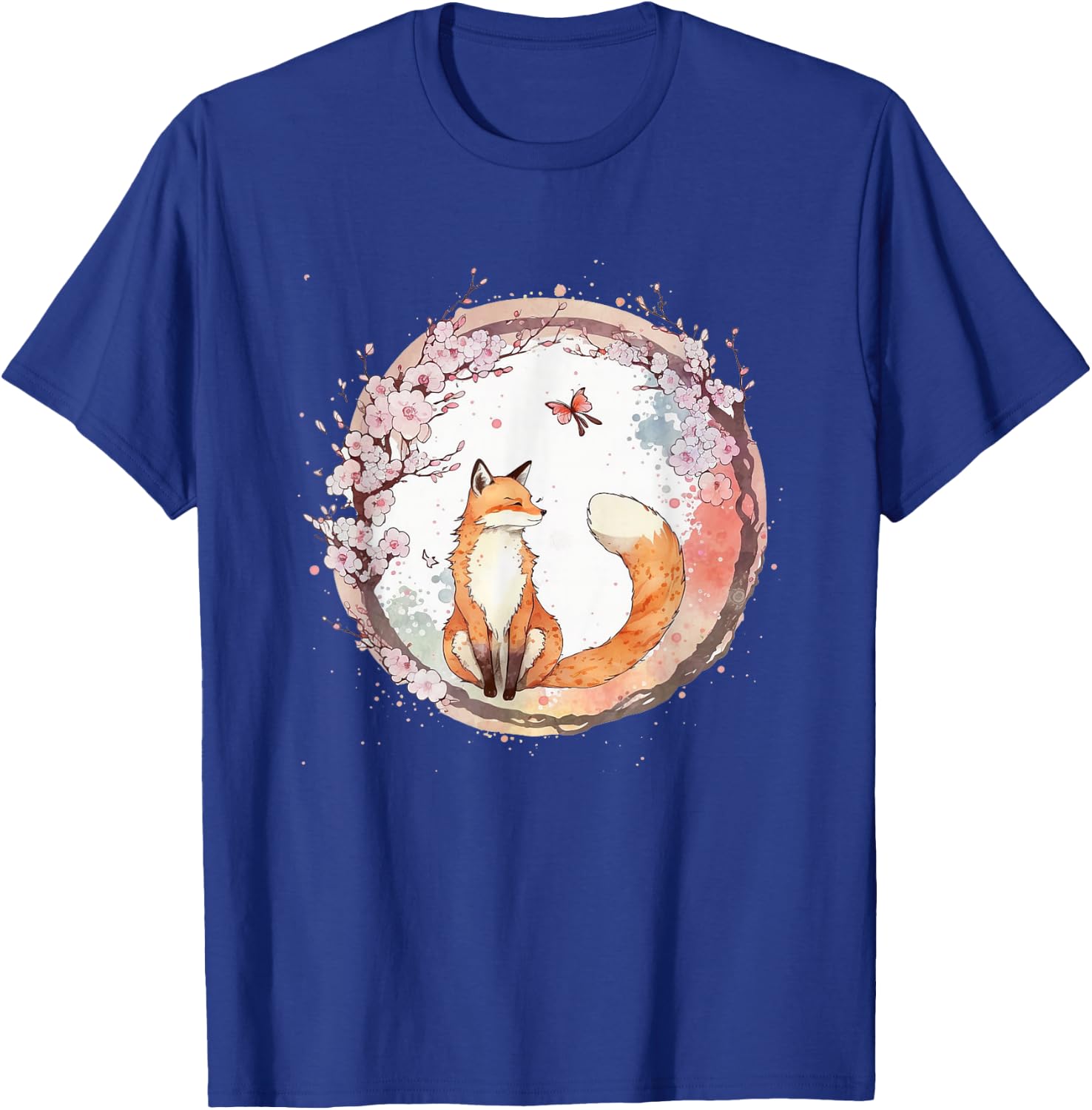 Kawaii Japanese Fox Butterfly Cherry Blossom , black T-Shirt - T-Shirt | Royal