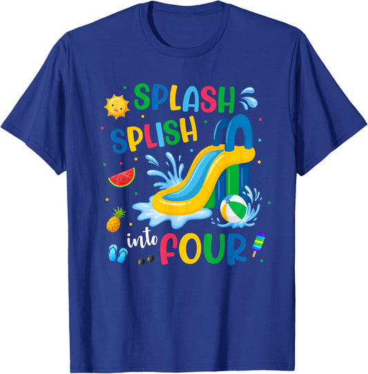 Splash Into Four Year Old 4th Birthday Summer Pool Party T-Shirt - T-Shirt | Royal