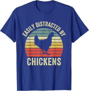 Easily Distracted By Chickens Funny Vintage Chicken Farm T-Shirt - T-Shirt | Royal