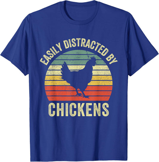 Easily Distracted By Chickens Funny Vintage Chicken Farm T-Shirt - T-Shirt | Royal