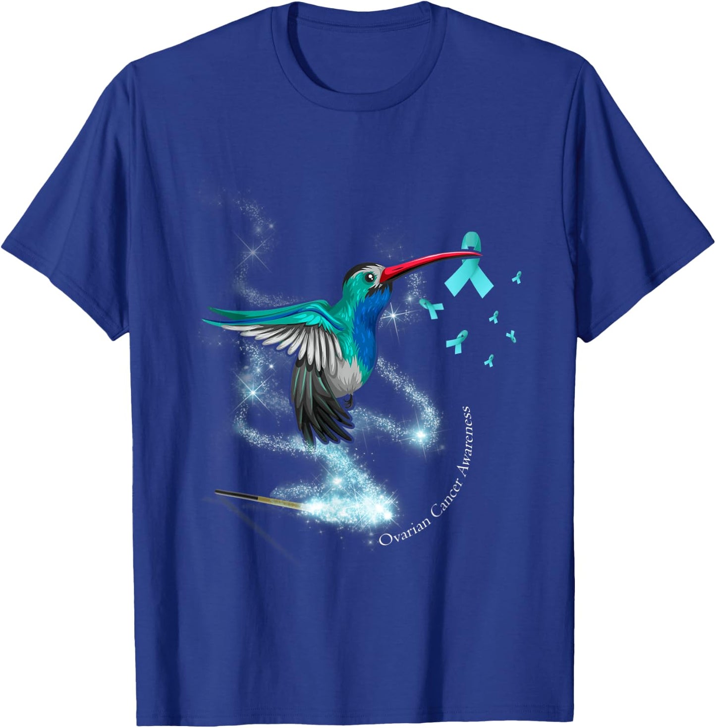 Hummingbird Holding Teal Ribbon Ovarian Cancer Awareness T-Shirt - T-Shirt | Royal