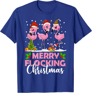 Merry Flocking Christmas Funny Pink Flamingo Santa Hat T-Shirt - T-Shirt | Royal