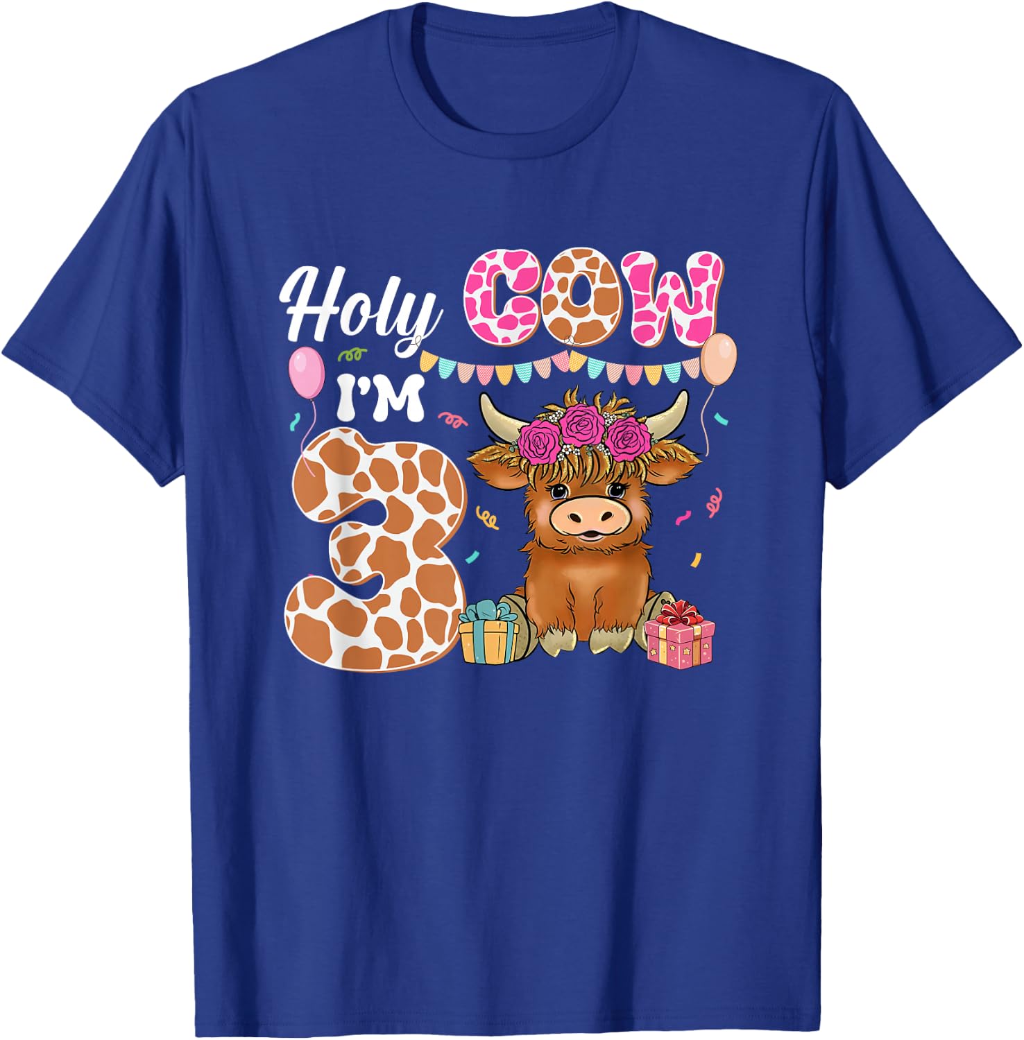Holy Cow I'm 3 Highland Cow Farming 3rd Birthday 3 Years Old T-Shirt - T-Shirt | Royal