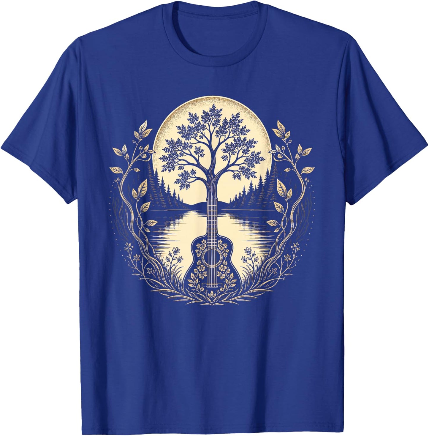 Acoustic Guitar Tree By The Lake Moon Botanical T-Shirt - T-Shirt | Royal