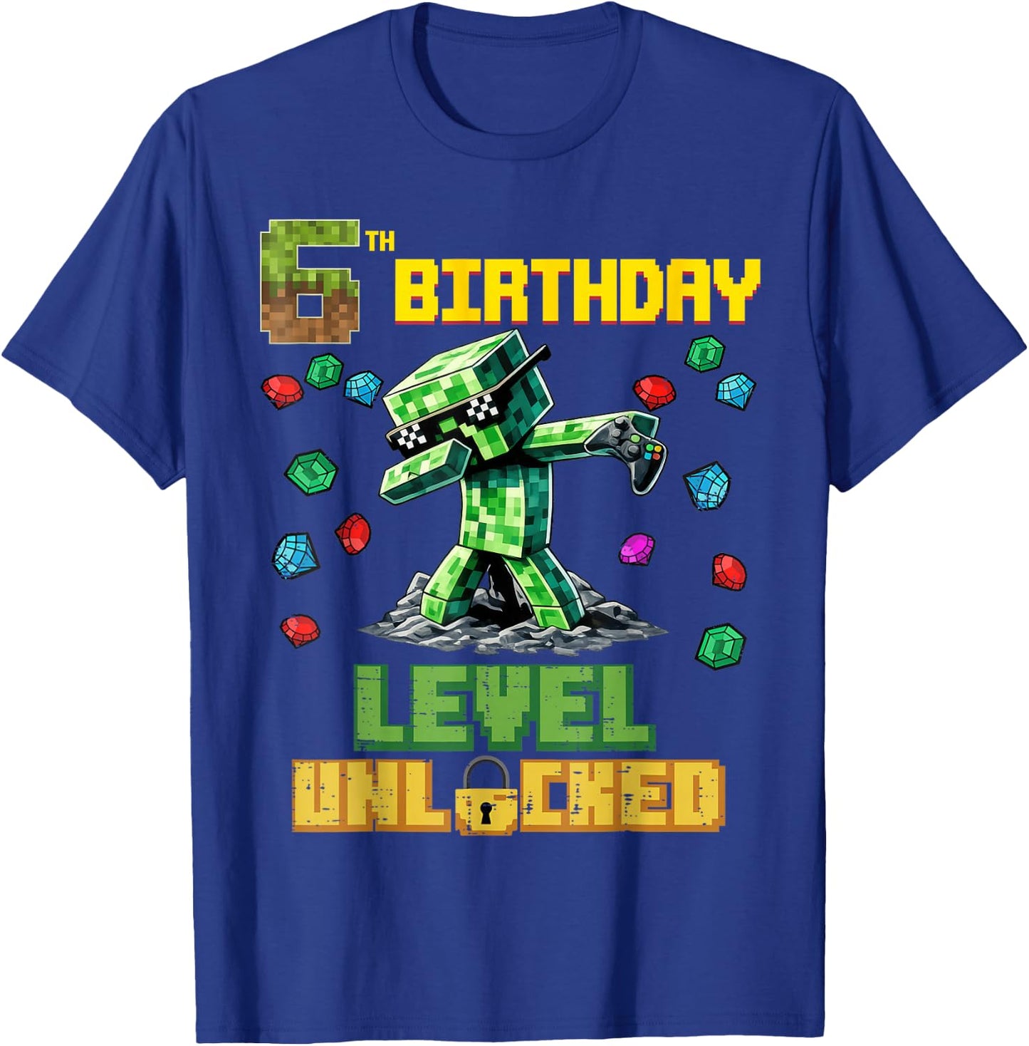 6th Birthday Level Unlocked Pixel Dab 6 Bday Gamer Boys Kids T-Shirt - T-Shirt | Royal