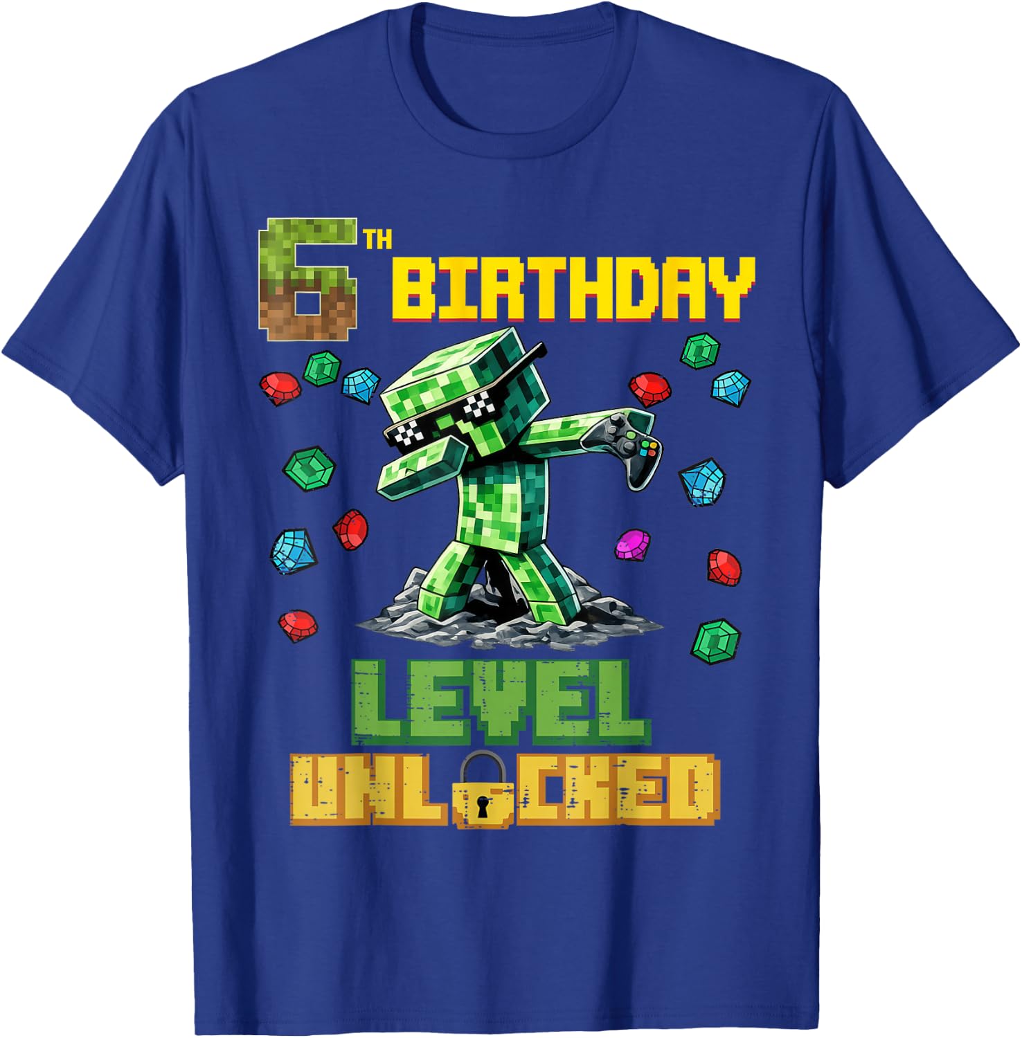 6th Birthday Level Unlocked Pixel Dab 6 Bday Gamer Boys Kids T-Shirt - T-Shirt | Royal