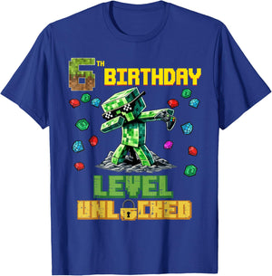 6th Birthday Level Unlocked Pixel Dab 6 Bday Gamer Boys Kids T-Shirt - T-Shirt | Royal