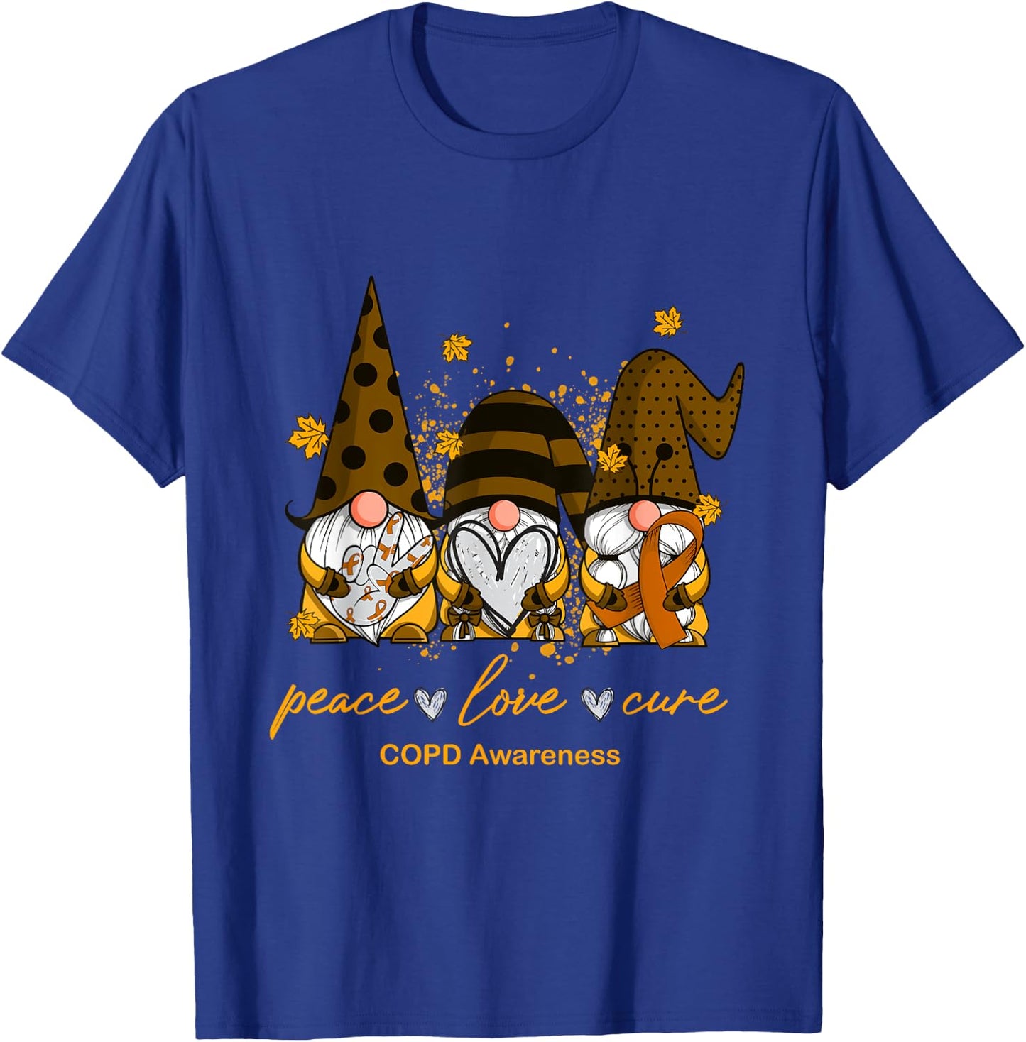 Peace Love Cure Three Gnomes Orange Ribbon COPD Awareness T-Shirt - T-Shirt | Royal