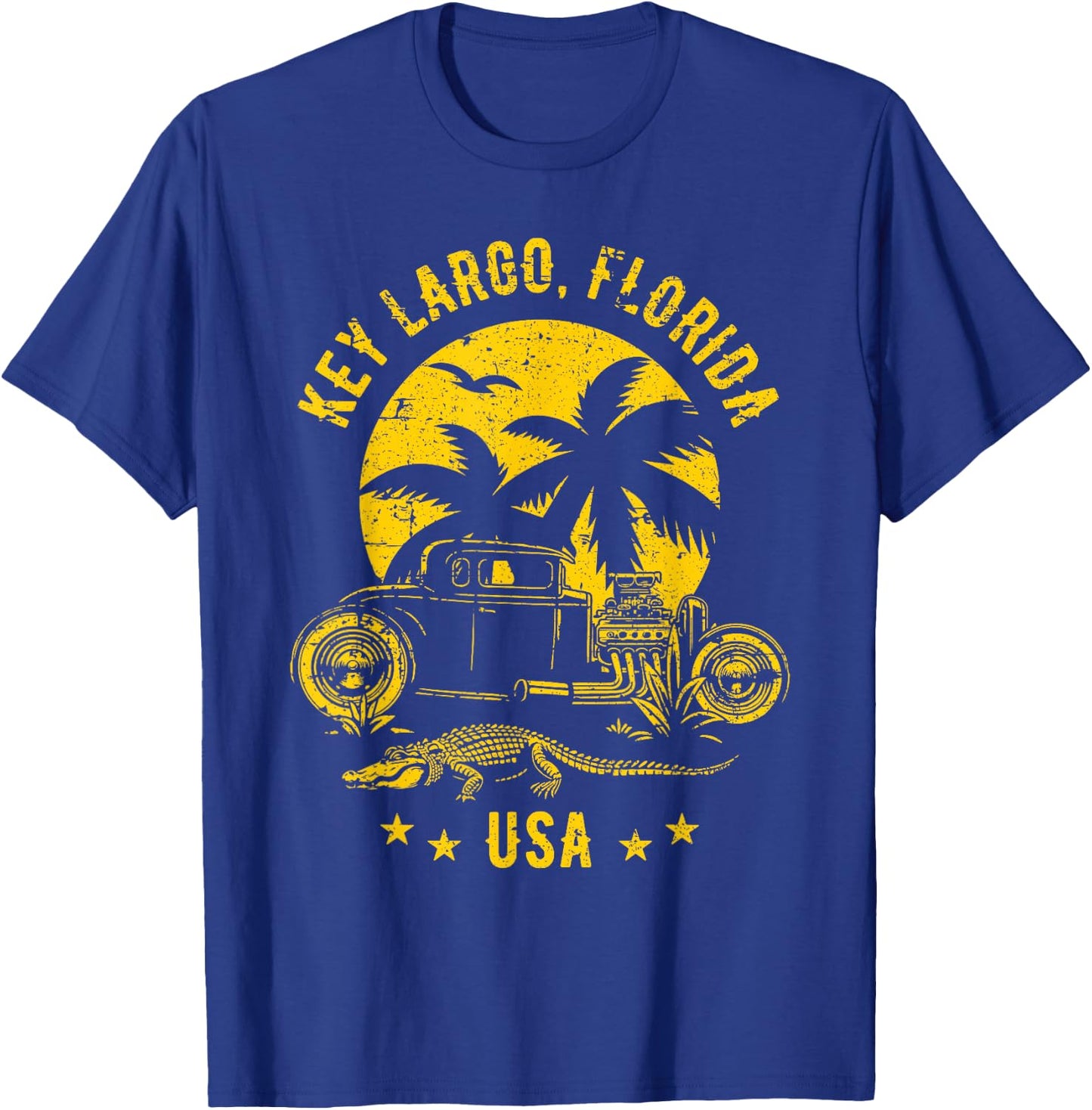 Key Largo Florida Sunset Hotrod Distressed Design , Black, S T-Shirt - T-Shirt | Royal