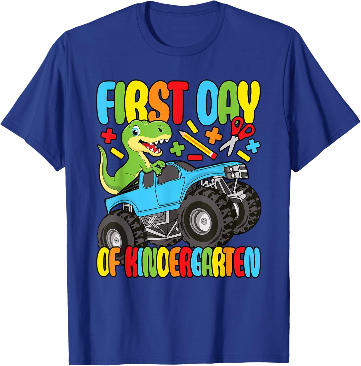 First Day Of Kindergarten Dinosaur Monster Truck Boys Kids T-Shirt - T-Shirt | Royal