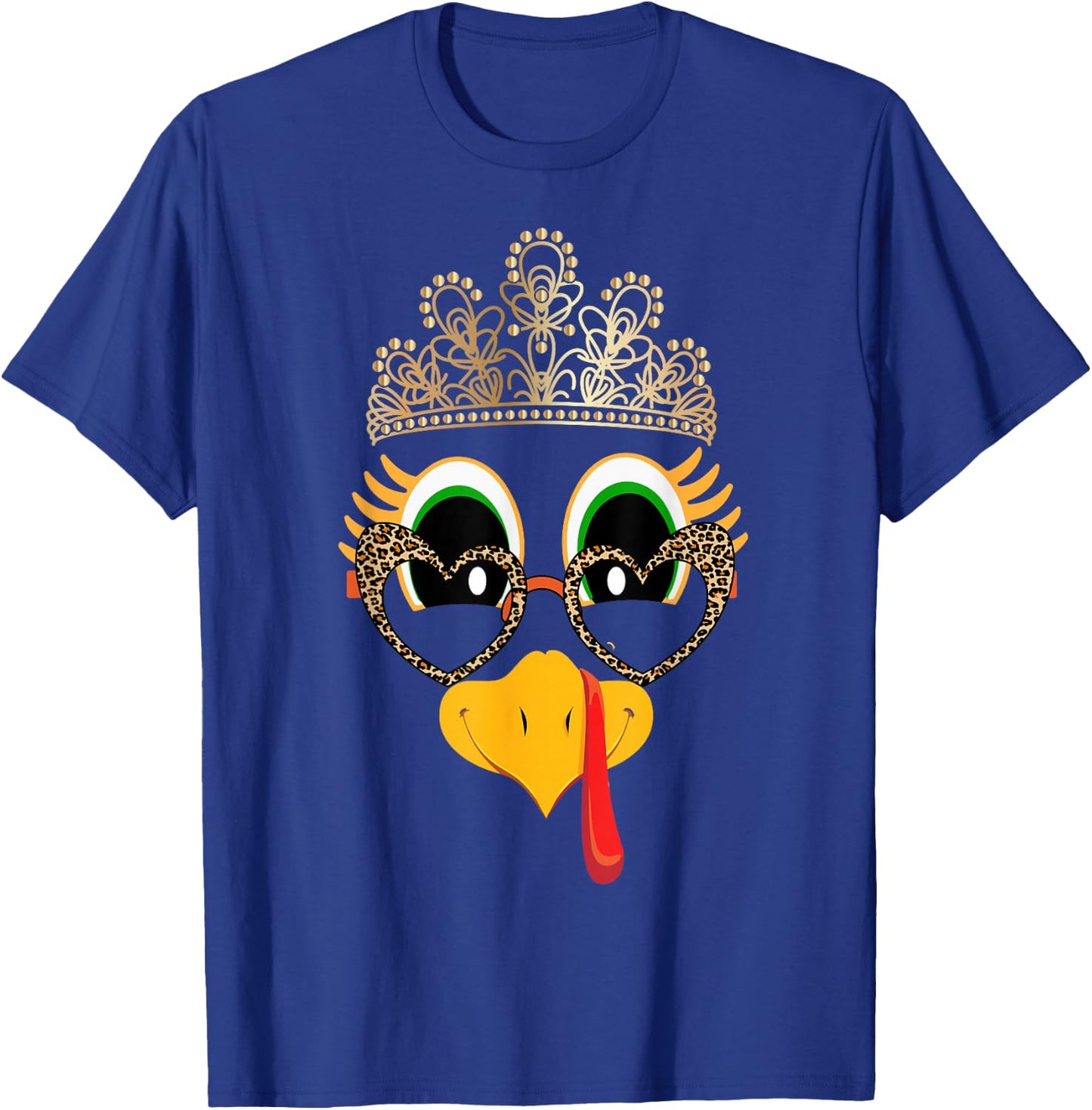 Turkey Face Girl Glasses Leopard With Crown Bow Thanksgiving T-Shirt - T-Shirt | Royal