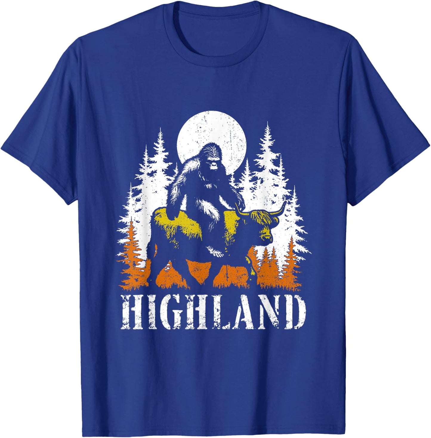 Bigfoot Riding Highland Cow - Funny Sasquatch Cow Lover T-Shirt - T-Shirt | Royal