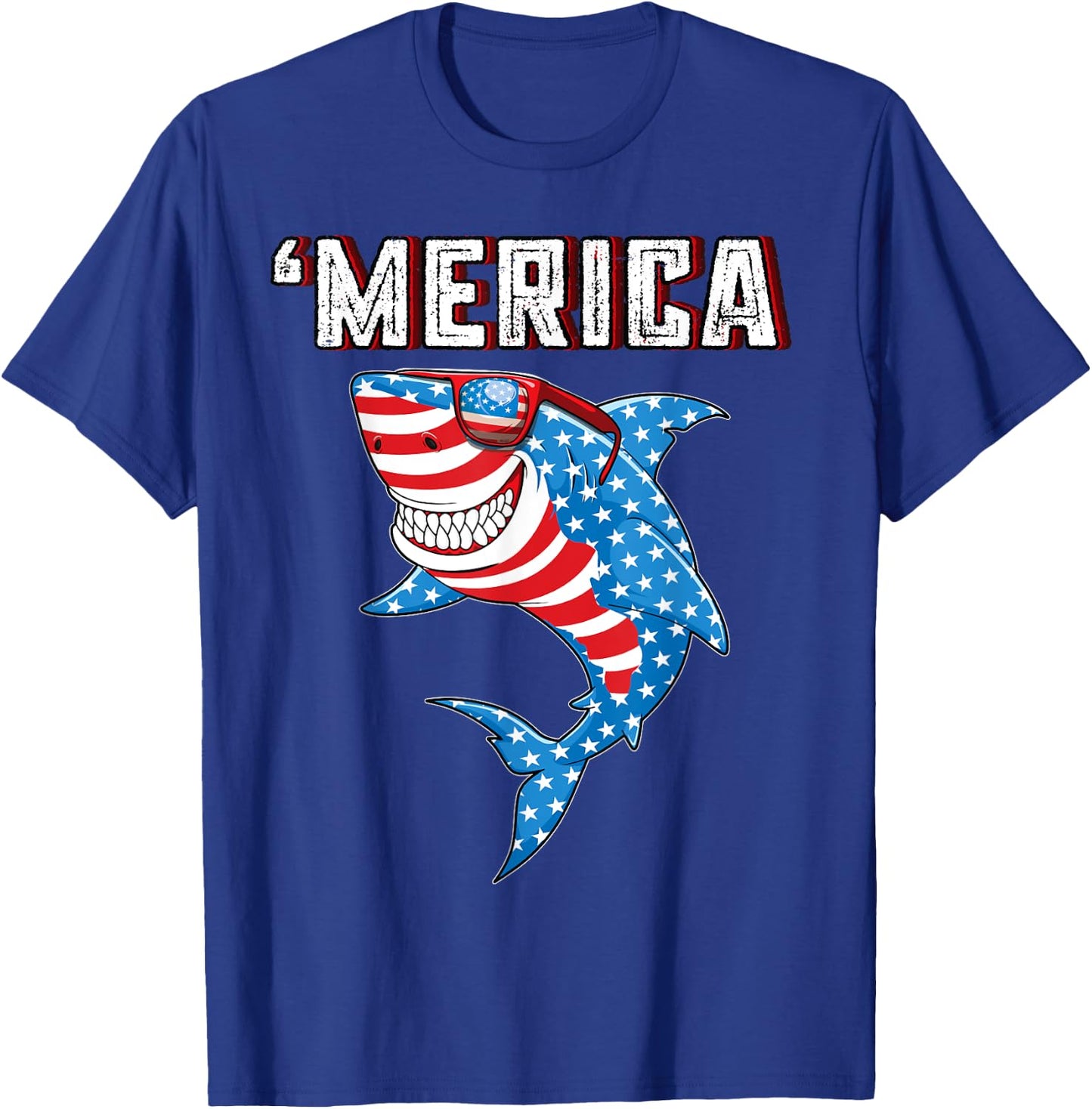 Merica American Flag Men Funny Boys Shark 4th of July T-Shirt - T-Shirt | Royal