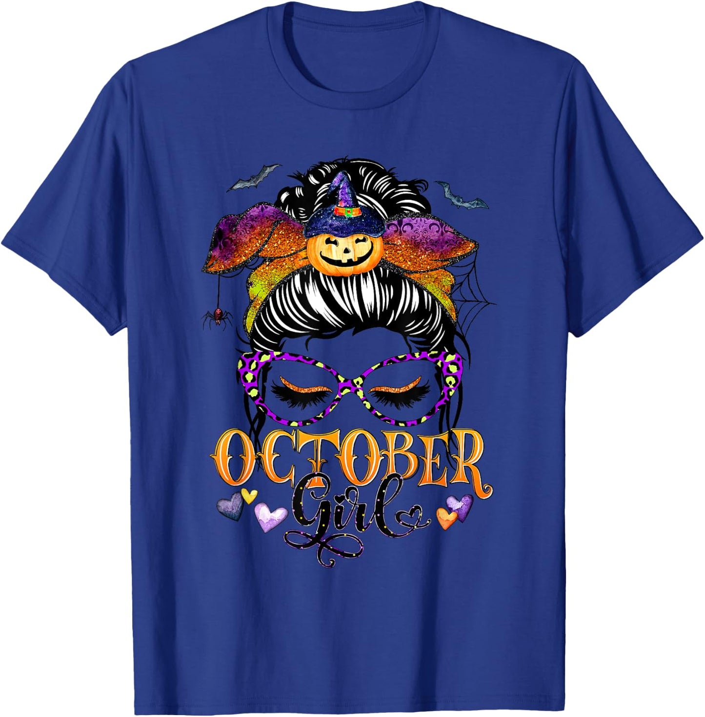 October Girl Halloween Messy Bun Lady Hair Glasses Leopard T-Shirt - T-Shirt | Royal